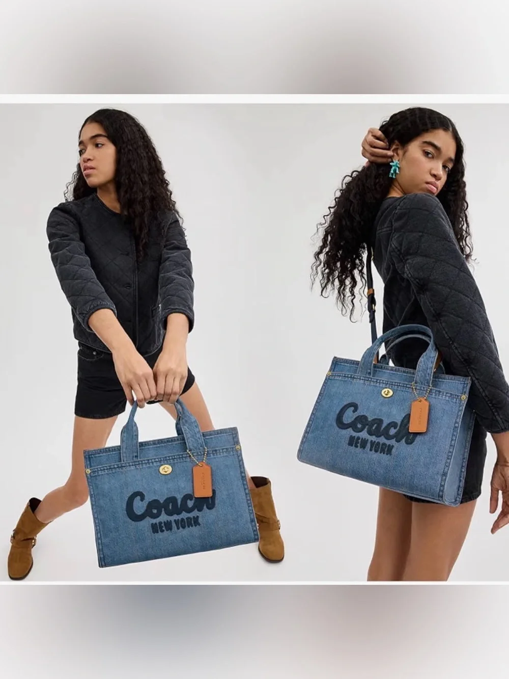 NWT Coach Denim Cargo Tote with Logo and Leather Tag in Blue and Tan